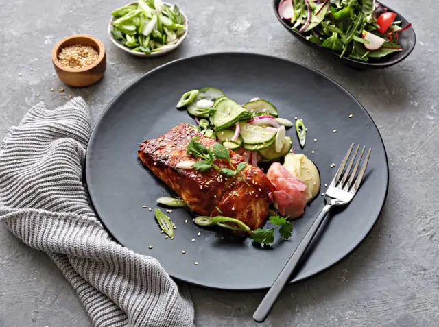 Miso Glazed Irish Salmon and Cucumber Pickle