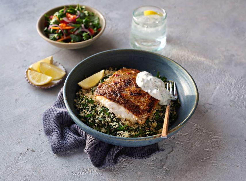 Harissa Hake with Couscous and Spinach