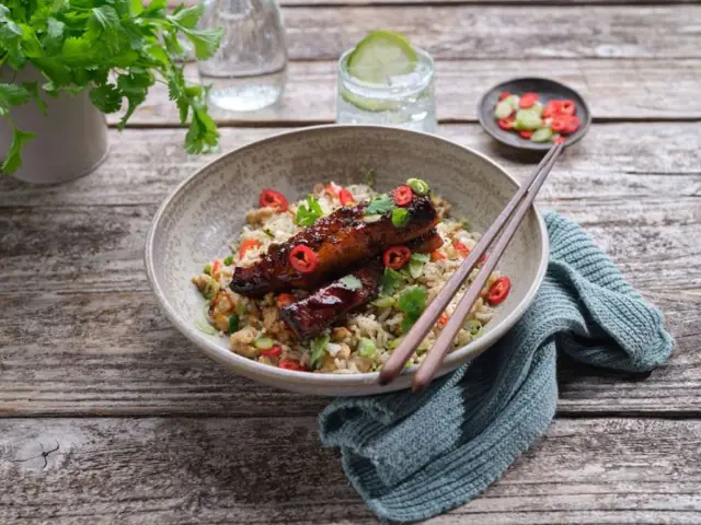 Sticky Pork Belly Strips with Egg Fried Rice