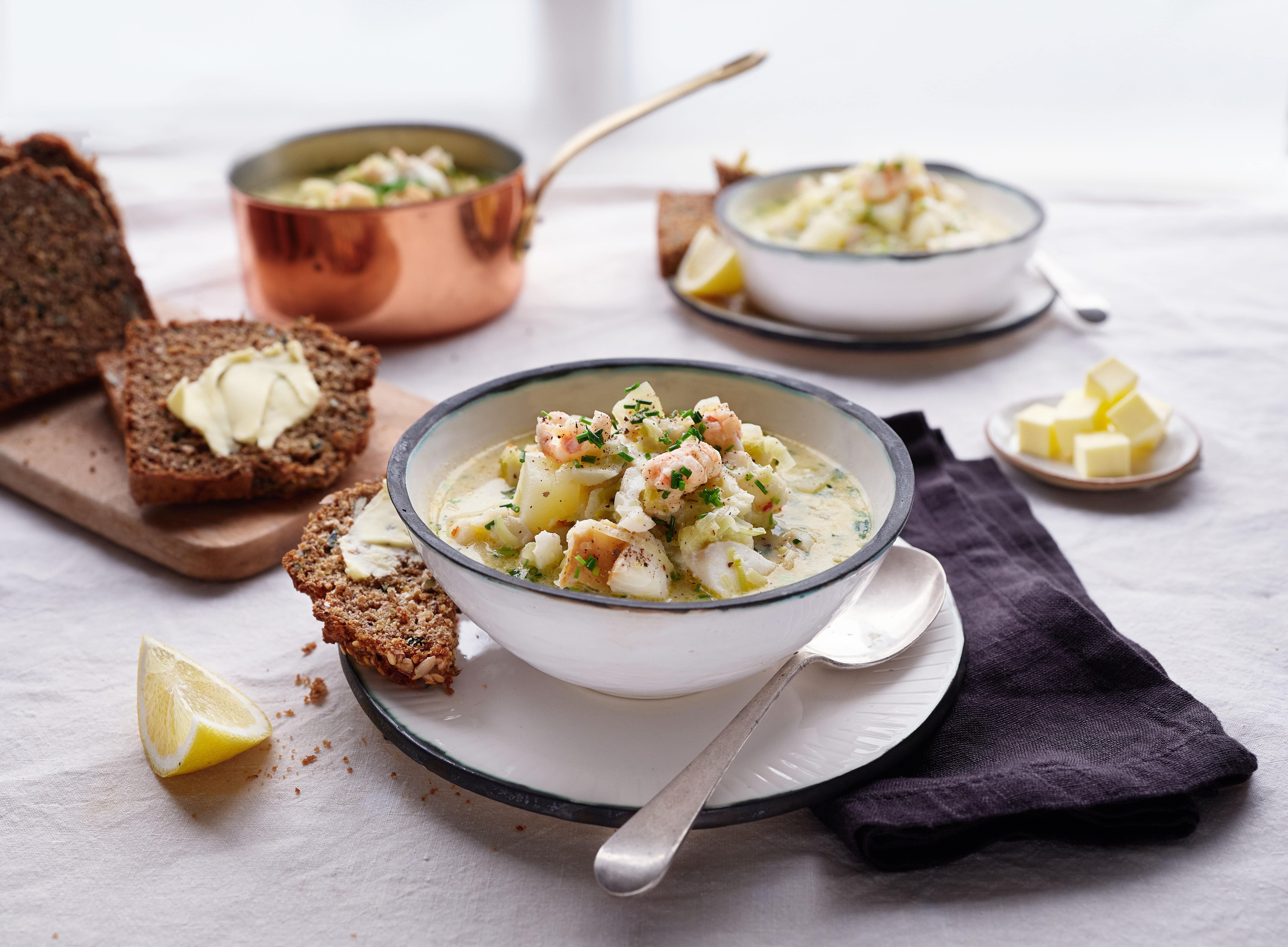 Haddock and Dublin Bay Prawn Chowder with Leeks