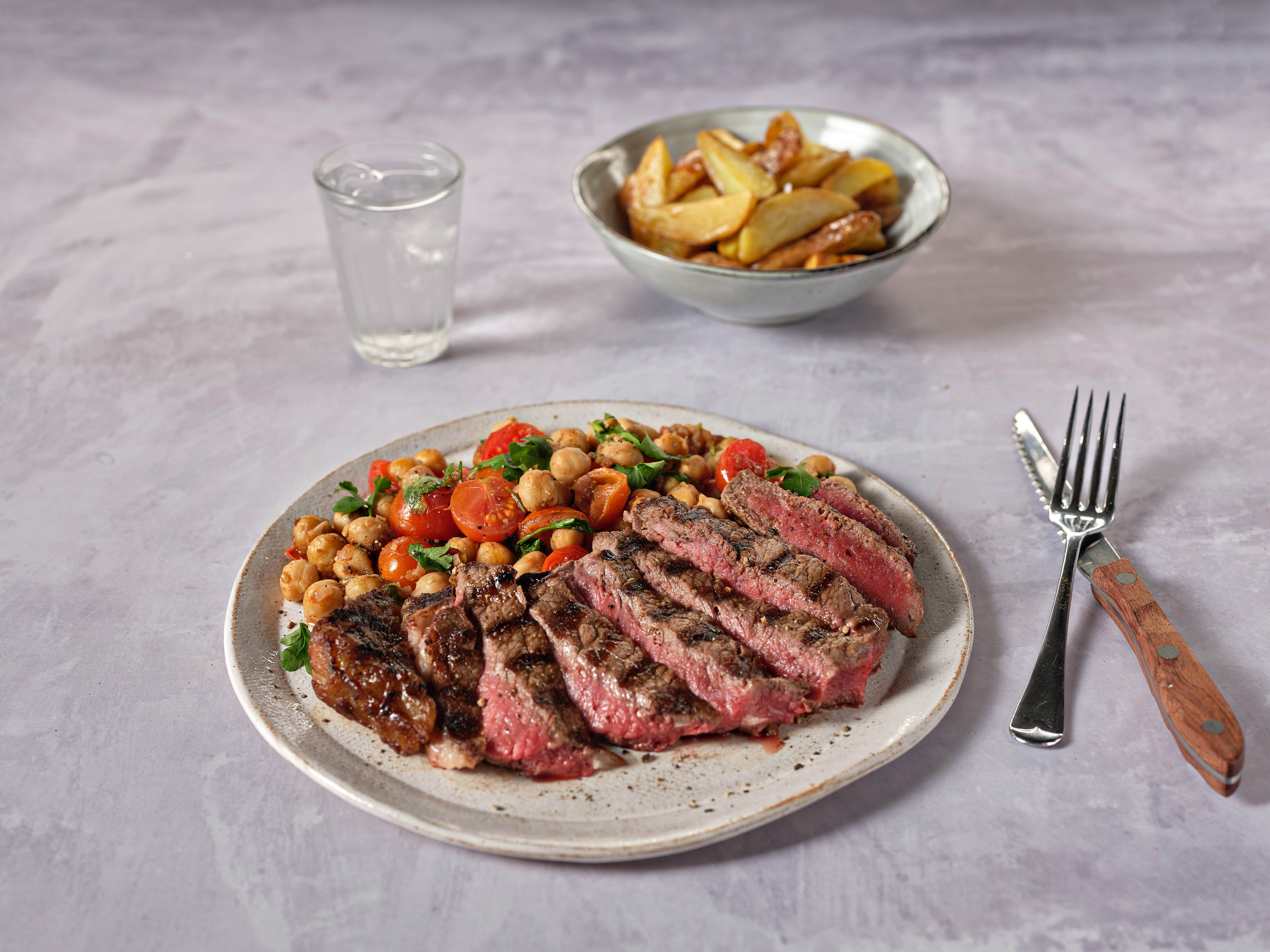 Steaks with Warm Tomato and Chickpea Salad