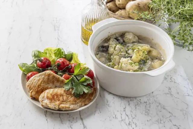 Chicken and Mushroom Pasta with Creamy Potatoes
