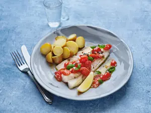 Grilled Whiting with Warm Cherry Tomato and Basil Dressing