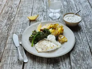Baked Haddock with Crushed Potatoes and Creamy Dressing