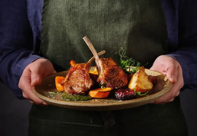 Organic Lamb Cutlets with Roasted Organic Vegetables and Herb Dressing