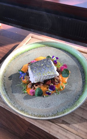 Neven's Steamed Hake with Chorizo Cassoulet and Red Pepper Sauce