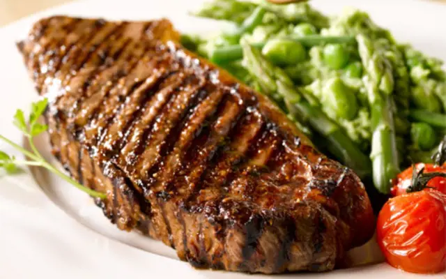 Striploin Steak Recipe with Roasted Baby Tomatoes and Vegetable Puree