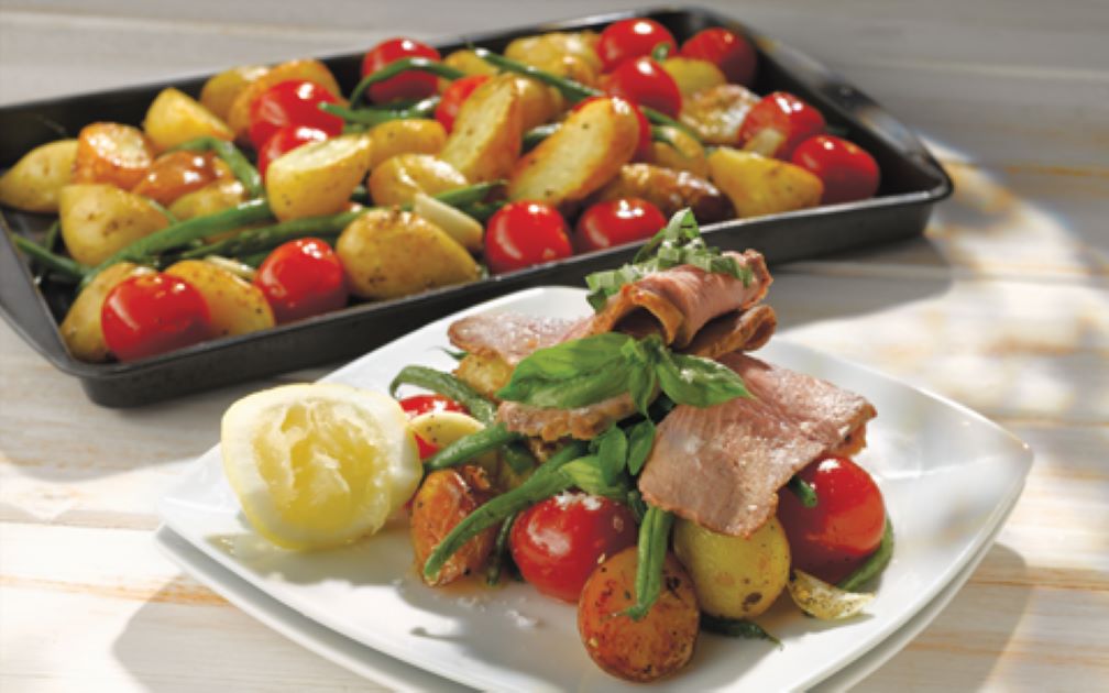 Butterfly Leg of Organic Lamb with New Potatoes, Cherry Tomatoes, Green Beans and Basil