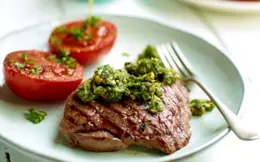 Grilled Lamb Steaks with Pistachio and Rocket Pesto