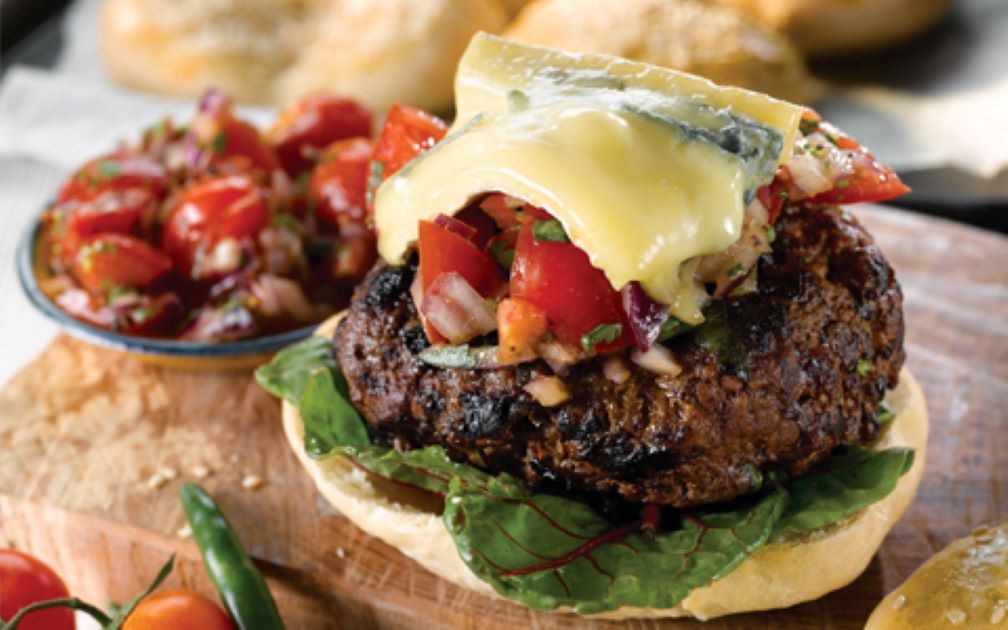 Organic Burgers with Melted Cheese & Tomato Salsa