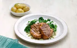Spiced Lamb Chops with Broccoli, Pea and Goats' Cheese Salad
