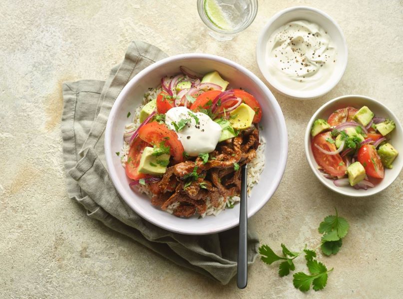 Stir-Fried Chipotle Beef with Tomato and Avocado Salad