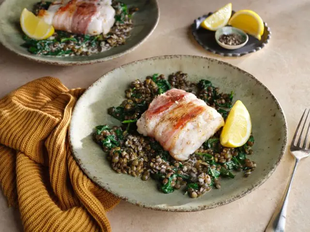 Hake with Bacon, Spinach and Lentils